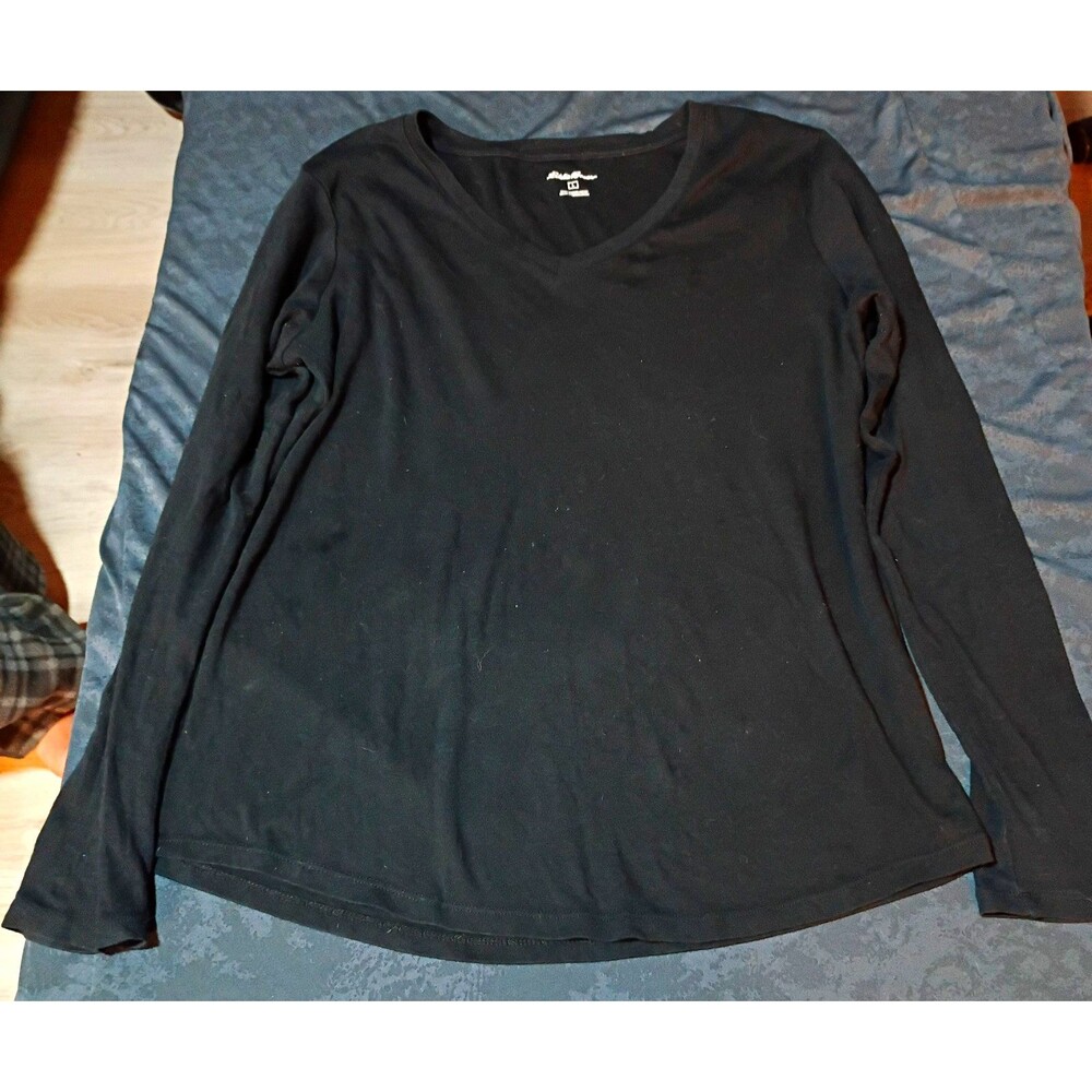 Eddie Bauer Women's Black Solid Long Sleeve Pullover V-Neck Top Size L
